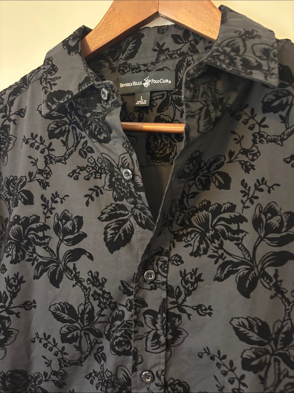 Men's Beverly Hills Polo Club Black Floral Burnout Button-Up Shirt - Size Large